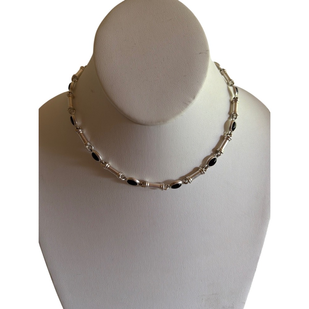 Ralph Lauren Necklace Silver Black Cabochon Toggle Link Bar Short Choker RL